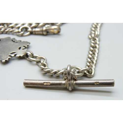 7103 - A silver curb link watch chain with a silver fob, 51g, 30cm to T bar including clip