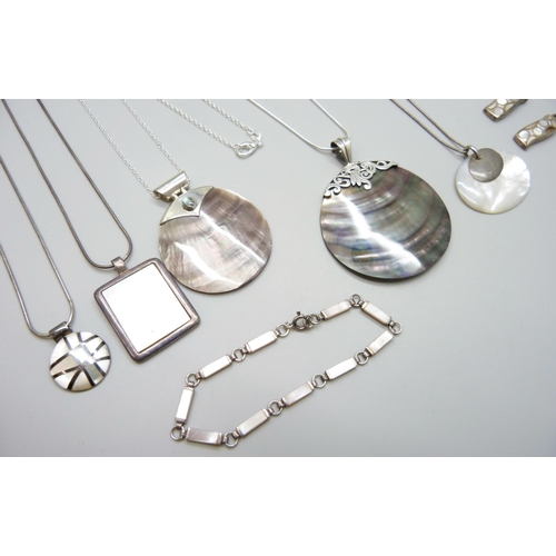 7109 - A collection of silver and mother of pearl and abalone set jewellery including earrings, bracelets, ... 