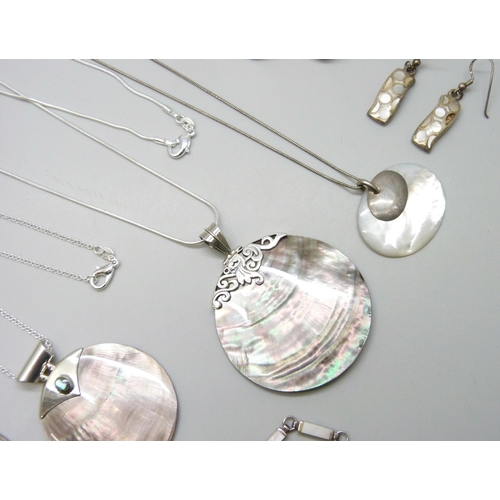 7109 - A collection of silver and mother of pearl and abalone set jewellery including earrings, bracelets, ... 