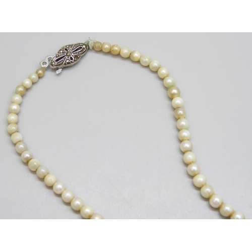 7116 - A string of pearls and mother of pearl beads with silver clasp, 15g, 44cm