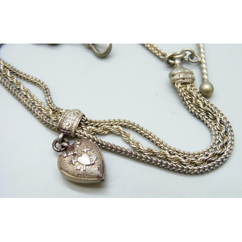 7123 - A white metal Albertina chain, the clasp marked as silver, 27cm including tassel pendant, 23g