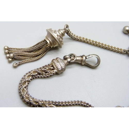 7123 - A white metal Albertina chain, the clasp marked as silver, 27cm including tassel pendant, 23g