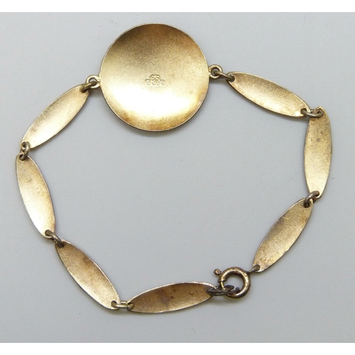 7125 - A Scandinavian silver gilt and enamel bracelet, enamel a/f, lacking end loop, 16cm