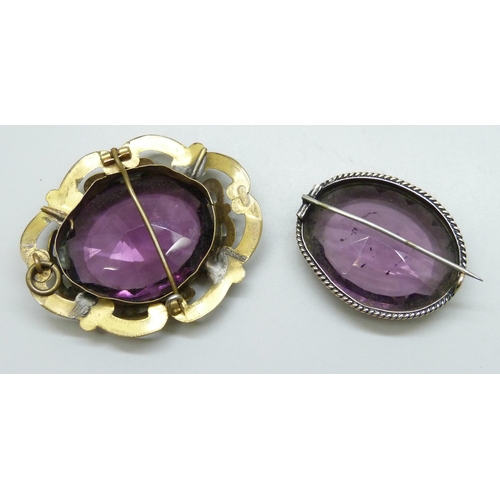 7131 - Two purple glass stone set brooches, one gilt and the other white metal, largest 5.5cm