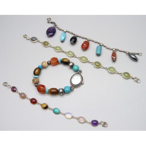 7136 - Three silver mounted semi precious stone bracelets and a wristwatch with expanding stone set bracele... 