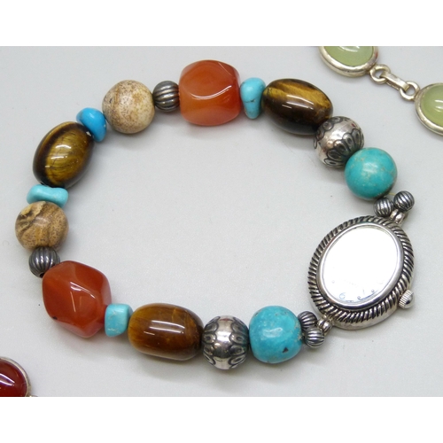 7136 - Three silver mounted semi precious stone bracelets and a wristwatch with expanding stone set bracele... 