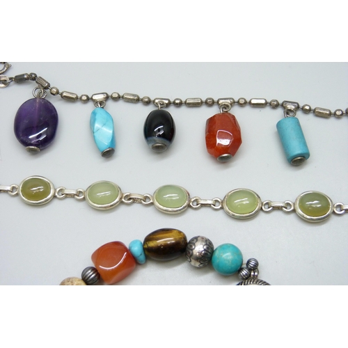 7136 - Three silver mounted semi precious stone bracelets and a wristwatch with expanding stone set bracele... 