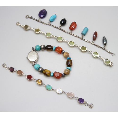 7136 - Three silver mounted semi precious stone bracelets and a wristwatch with expanding stone set bracele... 