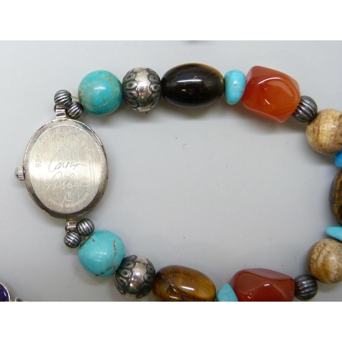 7136 - Three silver mounted semi precious stone bracelets and a wristwatch with expanding stone set bracele... 