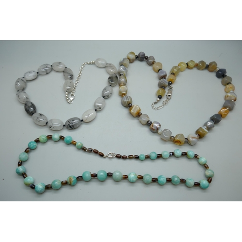 7160A - Three semi precious stone necklaces with silver clasps