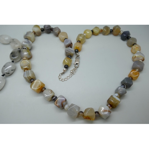 7160A - Three semi precious stone necklaces with silver clasps