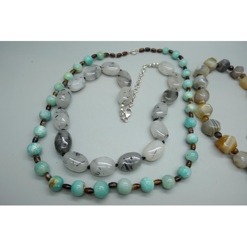 7160A - Three semi precious stone necklaces with silver clasps