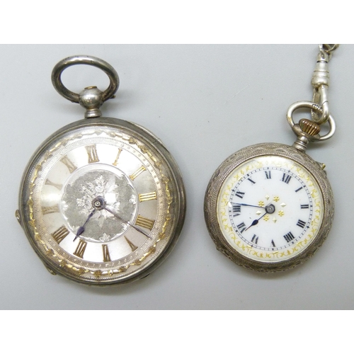 7177 - A silver fob watch with silver dial and gold Roman numerals, and a silver fob watch with a plated Al... 