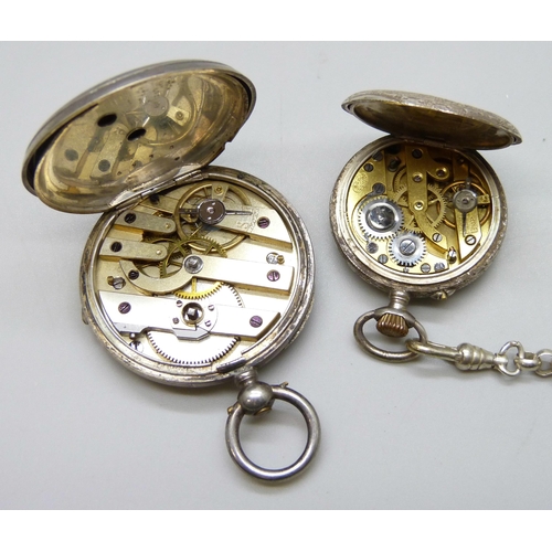 7177 - A silver fob watch with silver dial and gold Roman numerals, and a silver fob watch with a plated Al... 