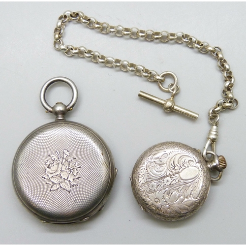 7177 - A silver fob watch with silver dial and gold Roman numerals, and a silver fob watch with a plated Al... 