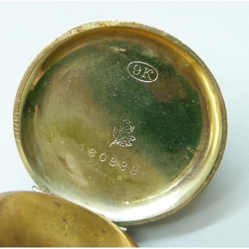 7178 - A 9ct gold fob watch, signs of lugs previously being attached, 22.7g total weight including movement... 