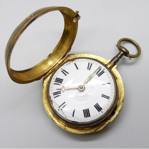 7181 - An early 19th Century pair cased verge fusee pocket watch with monogram, signed R. Parker, London, a... 