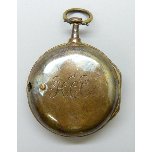 7181 - An early 19th Century pair cased verge fusee pocket watch with monogram, signed R. Parker, London, a... 