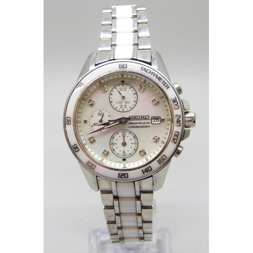 7191 - A Seiko Sportura Chronograph mother of pearl, ceramic and stainless steel wristwatch, 40mm including... 