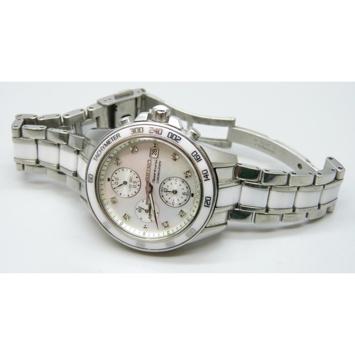 7191 - A Seiko Sportura Chronograph mother of pearl, ceramic and stainless steel wristwatch, 40mm including... 