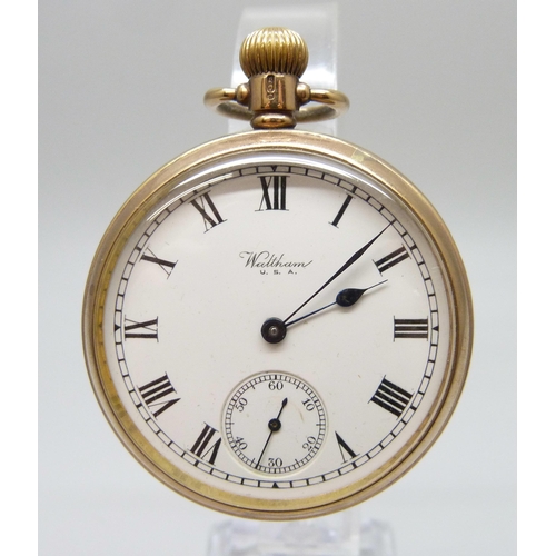 7192 - A 9ct gold cased Waltham pocket watch, Birmingham 1930, 79g total weight including movement, 47mm ca... 