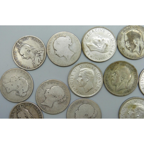 7220 - Coins; eight Victorian silver coins, 107g, and six 1920-1946