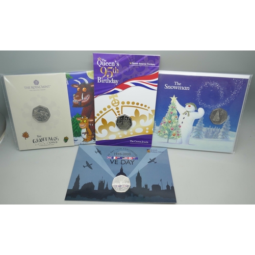 7232 - Four commemorative 50p coins - The Gruffalo, The Snowman, VE Day, and Queens 95th Birthday