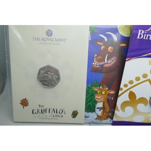 7232 - Four commemorative 50p coins - The Gruffalo, The Snowman, VE Day, and Queens 95th Birthday