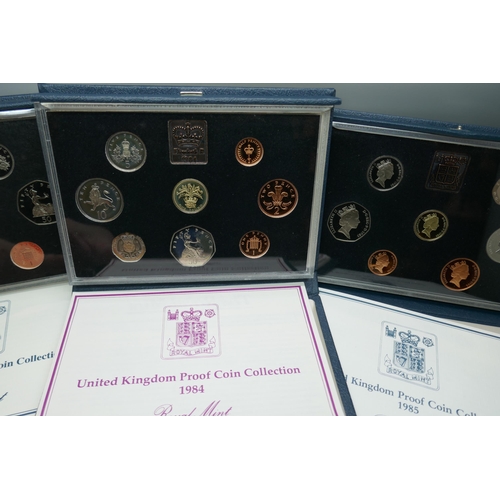 7233 - Three Royal Mint UK proof coin collections, 1984, 1985 and 1986