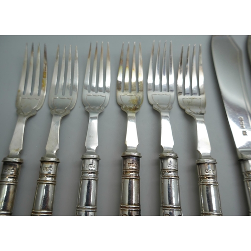 7254 - A canteen of silver fish knives and forks with silver blades and handles, James Deakin & Sons, Sheff... 