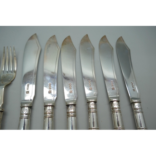 7254 - A canteen of silver fish knives and forks with silver blades and handles, James Deakin & Sons, Sheff... 