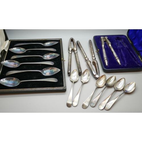 7259 - A set of George III silver tea spoons, London 1796, 65g, together with a cased set of EPNS spoons, a... 