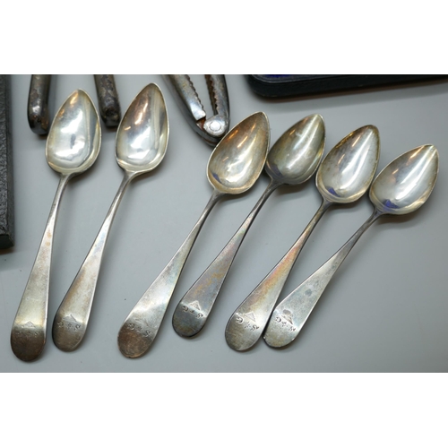 7259 - A set of George III silver tea spoons, London 1796, 65g, together with a cased set of EPNS spoons, a... 