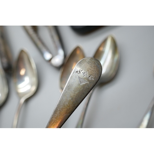 7259 - A set of George III silver tea spoons, London 1796, 65g, together with a cased set of EPNS spoons, a... 