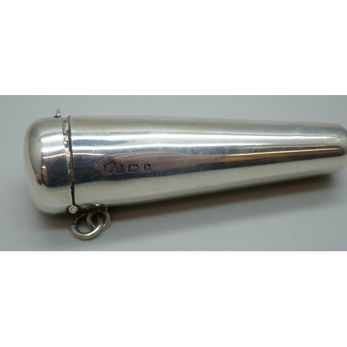 7271 - A silver cheroot case, 19g, and a silver topped glass scent bottle