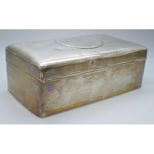 7274 - A silver cigarette box with monogram to lid, London 1898, Hewson & Williams, 736g total, 17 x 9.5cm