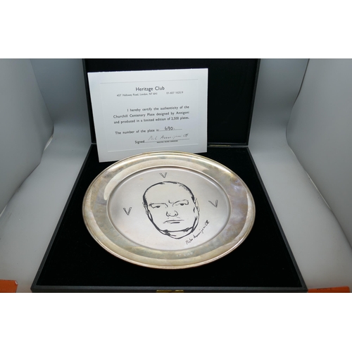 7277 - A limited edition silver Churchill Centenary Plate, designed by Pietro Annigoni, 690/2500, 401g, box... 