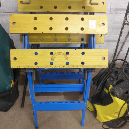 5165 - Three assorted folding work benches and a bench mounting work bench