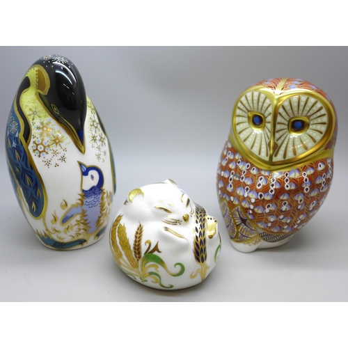 2021 - Three Royal Crown Derby paperweights, Doormouse with gold stopper, Owl with gold stopper and Penguin... 