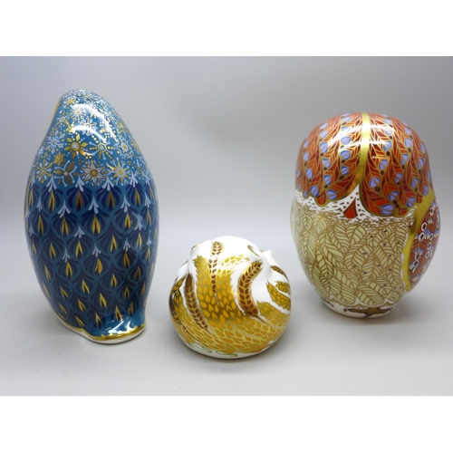 2021 - Three Royal Crown Derby paperweights, Doormouse with gold stopper, Owl with gold stopper and Penguin... 