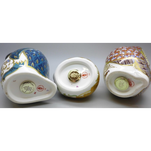 2021 - Three Royal Crown Derby paperweights, Doormouse with gold stopper, Owl with gold stopper and Penguin... 