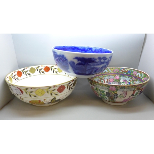 2023 - Three bowls; Royal Crown Derby, blue and white Jenny Lind and oriental, largest 24cm diameter