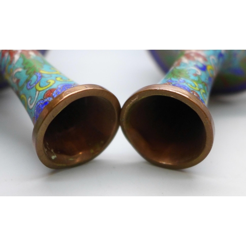 2033 - A pair of cloisonne stem vases, 16cm