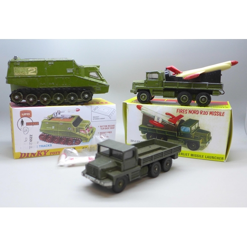 2042 - Three Dinky Toys models, two with reproduction boxes, comprises Berliet missile launcher, (620), Sha... 