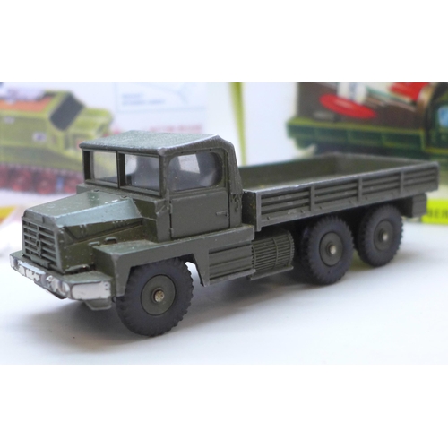 2042 - Three Dinky Toys models, two with reproduction boxes, comprises Berliet missile launcher, (620), Sha... 