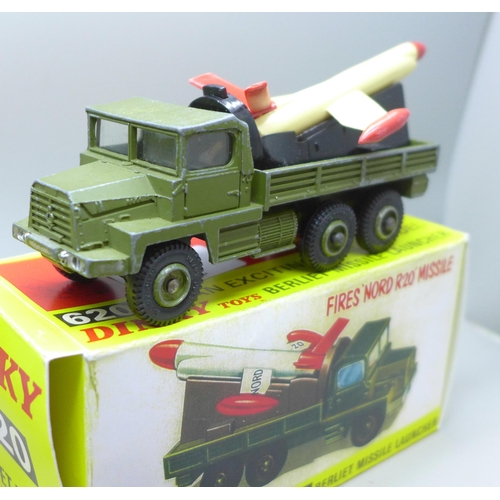 2042 - Three Dinky Toys models, two with reproduction boxes, comprises Berliet missile launcher, (620), Sha... 