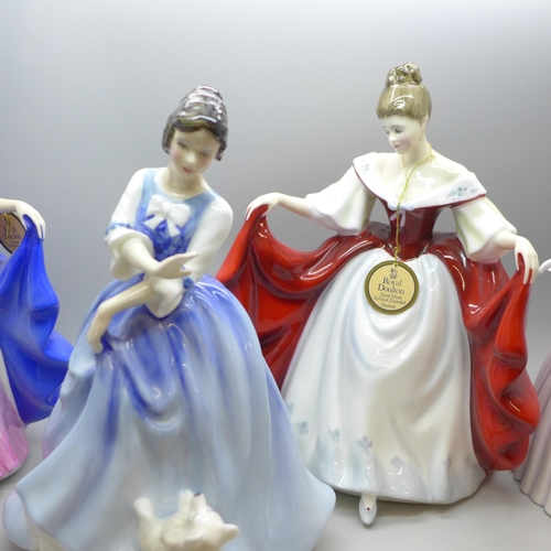 2044 - Four Royal Doulton ladies, red Sara and blue Sara, Happy Birthday 2003 and Lorraine