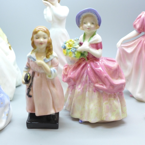 2047 - A Royal Worcester figure, First Dance, and five Royal Doulton figures of ladies