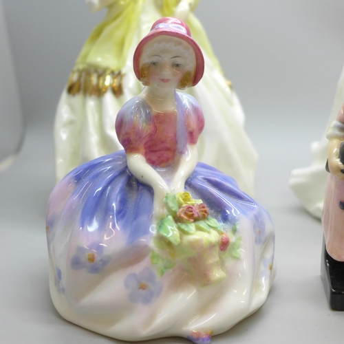 2047 - A Royal Worcester figure, First Dance, and five Royal Doulton figures of ladies