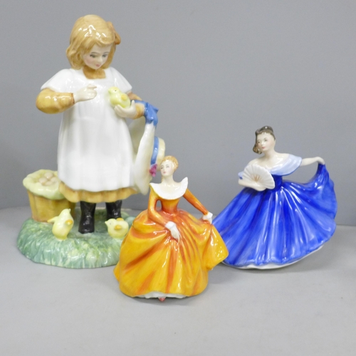 2061 - Eight Royal Doulton figures; two Age of Innocence series, Puppy Love and Feeding Time, and six small... 